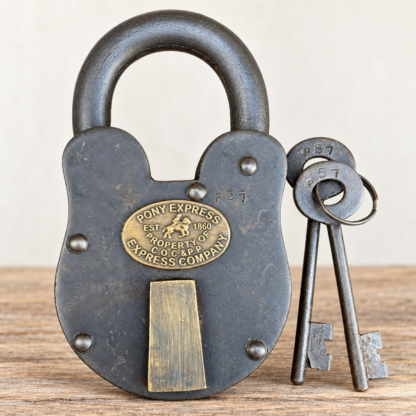 Pony Express Lock, 6" Oversized Iron Padlock W/ Brass Tag And Two Keys, Antiqued