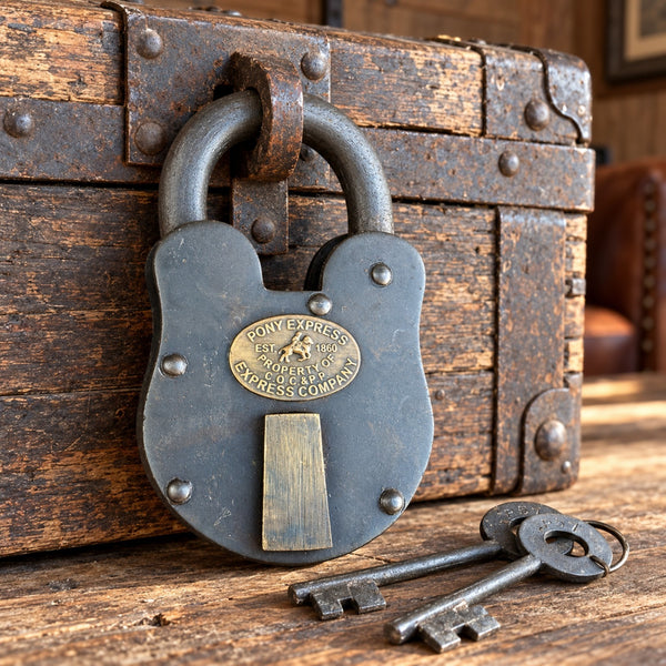 Pony Express Lock, 6" Oversized Iron Padlock W/ Brass Tag And Two Keys, Antiqued