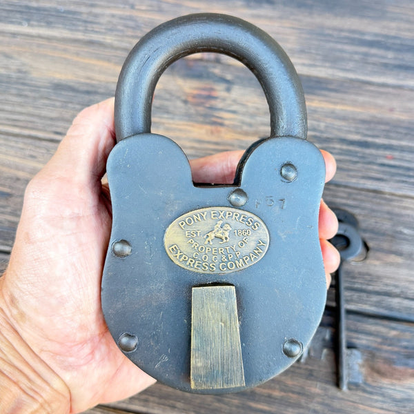 Pony Express Lock, 6" Oversized Iron Padlock W/ Brass Tag And Two Keys, Antiqued