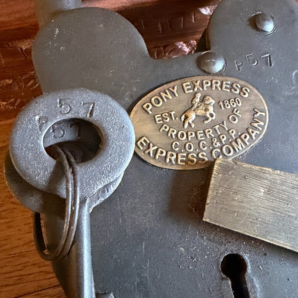 Pony Express Lock, 6" Oversized Iron Padlock W/ Brass Tag And Two Keys, Antiqued