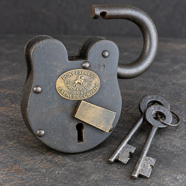 Pony Express Lock, 6" Oversized Iron Padlock W/ Brass Tag And Two Keys, Antiqued