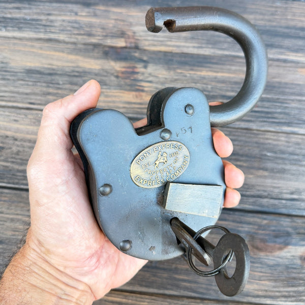 Pony Express Lock, 6" Oversized Iron Padlock W/ Brass Tag And Two Keys, Antiqued