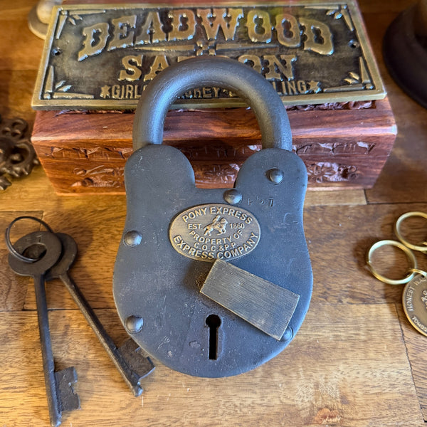Pony Express Lock, 6" Oversized Iron Padlock W/ Brass Tag And Two Keys, Antiqued