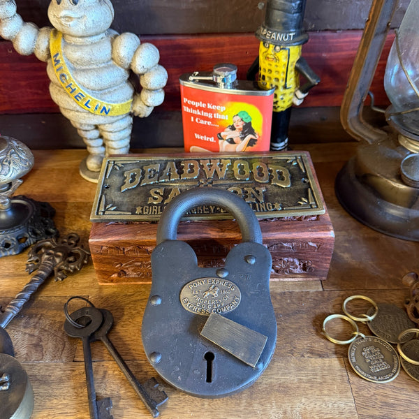 Pony Express Lock, 6" Oversized Iron Padlock W/ Brass Tag And Two Keys, Antiqued