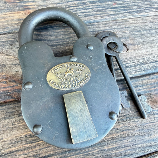 Pony Express Lock, 6" Oversized Iron Padlock W/ Brass Tag And Two Keys, Antiqued