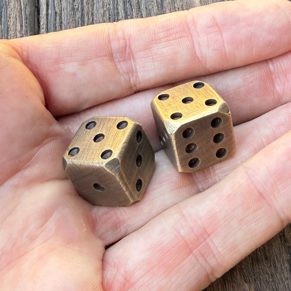 Solid Brass Dice Pair 3/4" Hand Antiqued Finish Old West Inspired Gaming Set