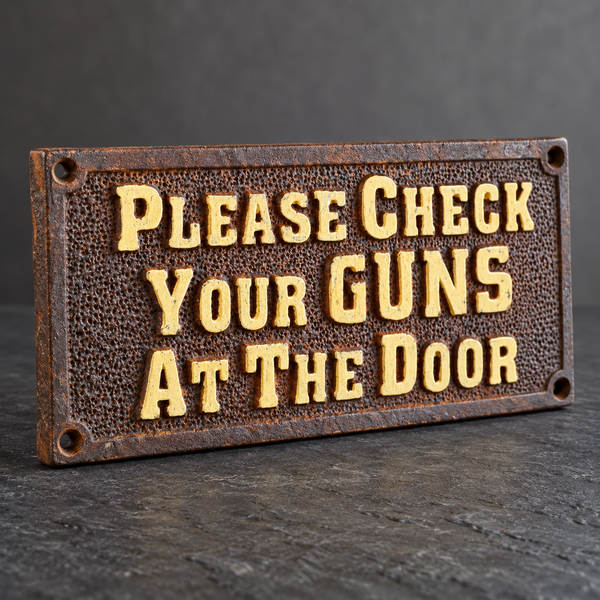 Please Check Your Guns At The Door Cast Iron Plaque Old West Antiqued Wall Decor