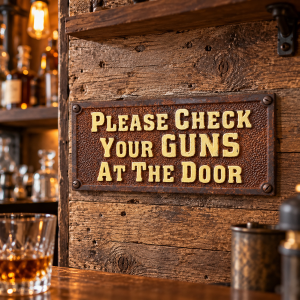 Please Check Your Guns At The Door Cast Iron Plaque Old West Antiqued Wall Decor
