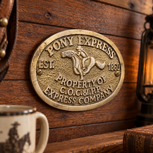 Pony Express Solid Brass Wall Plaque, Antiqued Old West Western Man Cave Decor