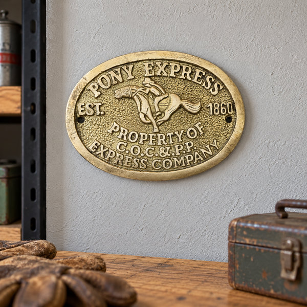 Pony Express Solid Brass Wall Plaque, Antiqued Old West Western Man Cave Decor