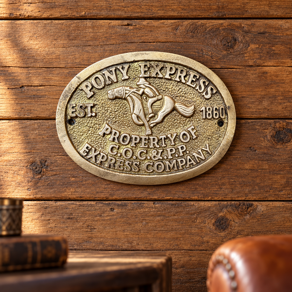 Pony Express Solid Brass Wall Plaque, Antiqued Old West Western Man Cave Decor