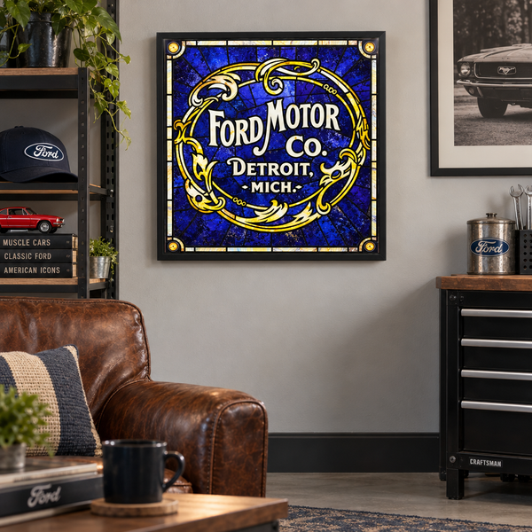 Ford Motor Co. Vintage Inspired Framed Acrylic Wall Sign with Stained Glass Effect