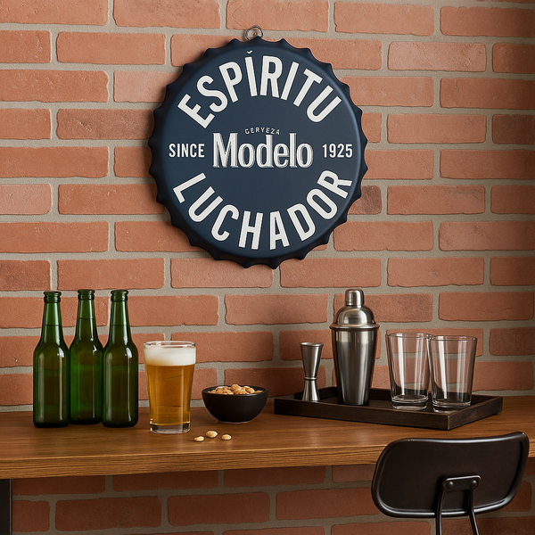 Modelo Cerveza 16" Dark Blue Metal Wall Sign – ESPÍRITU LUCHADOR Bottle Cap Style Vintage Design