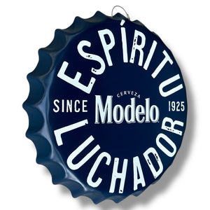 Modelo Cerveza 16" Dark Blue Metal Wall Sign – ESPÍRITU LUCHADOR Bottle Cap Style Vintage Design