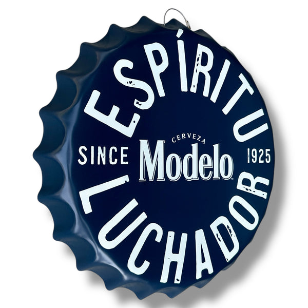 Modelo Cerveza 16" Dark Blue Metal Wall Sign – ESPÍRITU LUCHADOR Bottle Cap Style Vintage Design