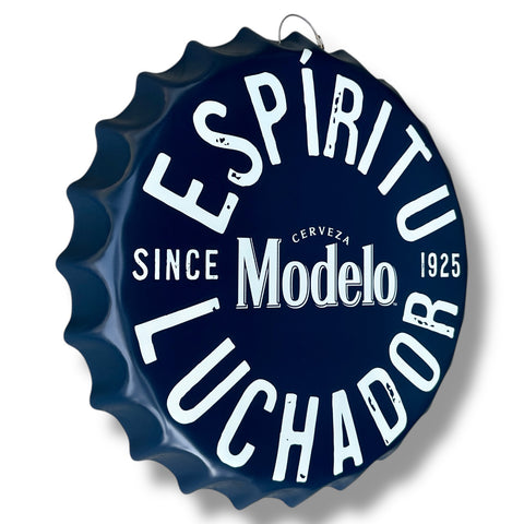 Modelo Cerveza 16" Dark Blue Metal Wall Sign – ESPÍRITU LUCHADOR Bottle Cap Style Vintage Design