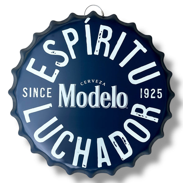 Modelo Cerveza 16" Dark Blue Metal Wall Sign – ESPÍRITU LUCHADOR Bottle Cap Style Vintage Design