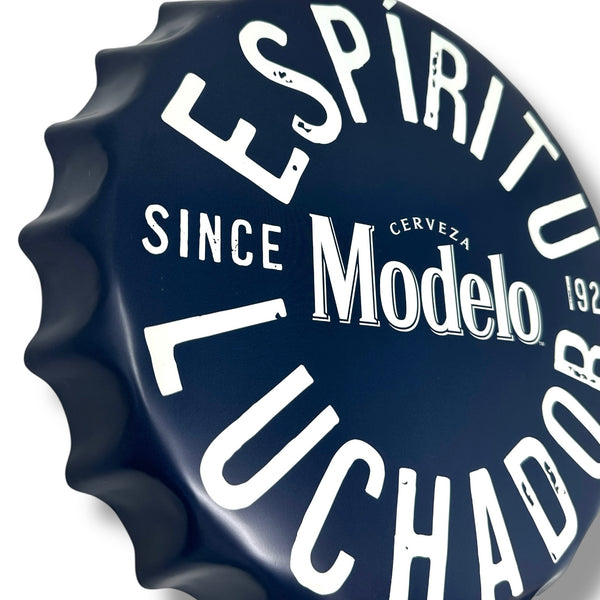 Modelo Cerveza 16" Dark Blue Metal Wall Sign – ESPÍRITU LUCHADOR Bottle Cap Style Vintage Design