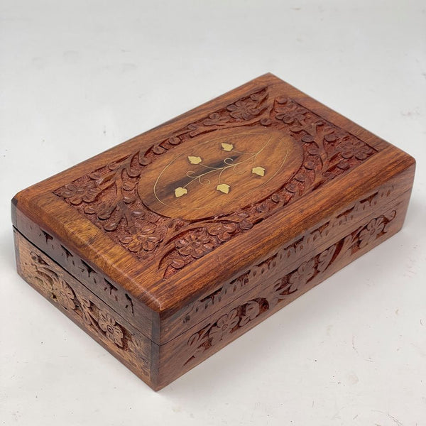 Wood Box With Brass Floral Leaf Inlay