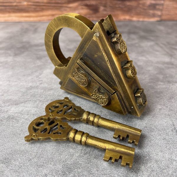 Medieval Dungeon Lock Heavy Solid Brass Triangle Padlock With Antique Finish