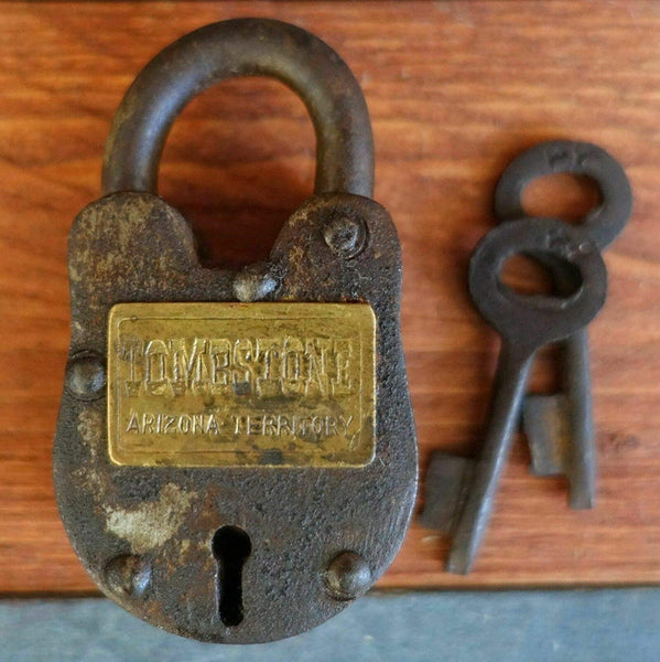 Tombstone Arizona Territory Cast Iron Lock With Brass Tag & Keys