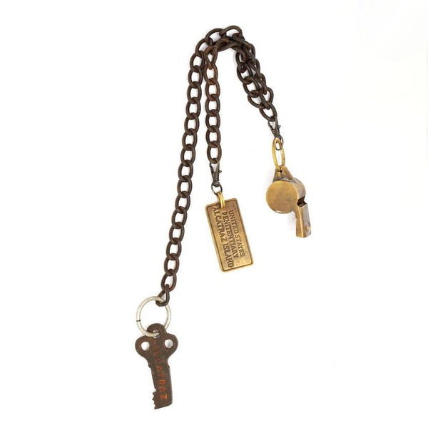 Alcatraz Prison Guard Iron Cell Key, Tag, & Solid Brass Whistle With 27" Chain