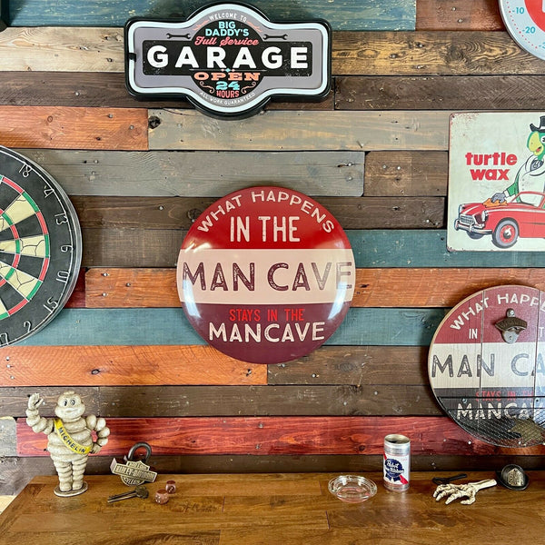 What Happens In The Man Cave Stays In The Man Cave Dome Shaped Metal Sign