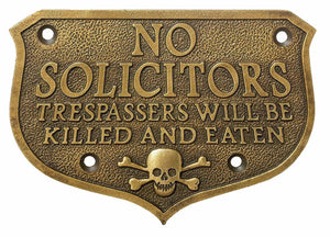 Pirate Skull No Solicitors Sold Brass Plaque With Antique Finish