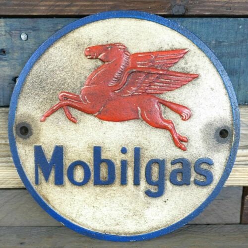Mobilgas Cast Iron Plaque With Painted Rusty Antique Finish
