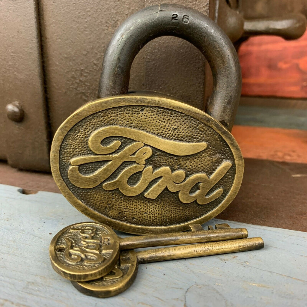 Chevrolet Large Brass Lock W/ Keys, Chevy Logo, Advertising, Antique Finish